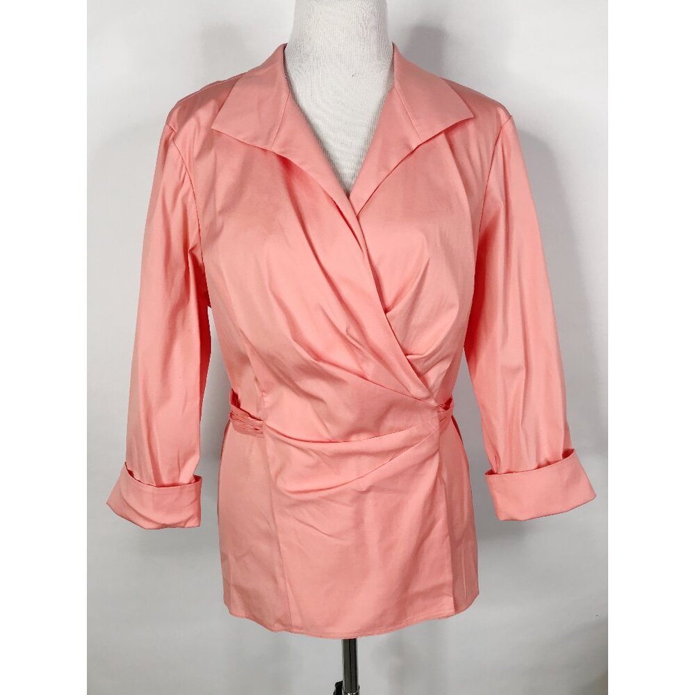 Lafayette 148 New York Top Womens 16 Pink Salmon Wrap Ruched Draped Tie Waist